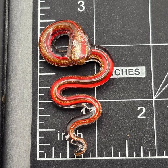 Artisan Made Glass Snake Pendant 2.5" Red w/ Gold Sparkle Sculptural Bail - Picture 7 of 7